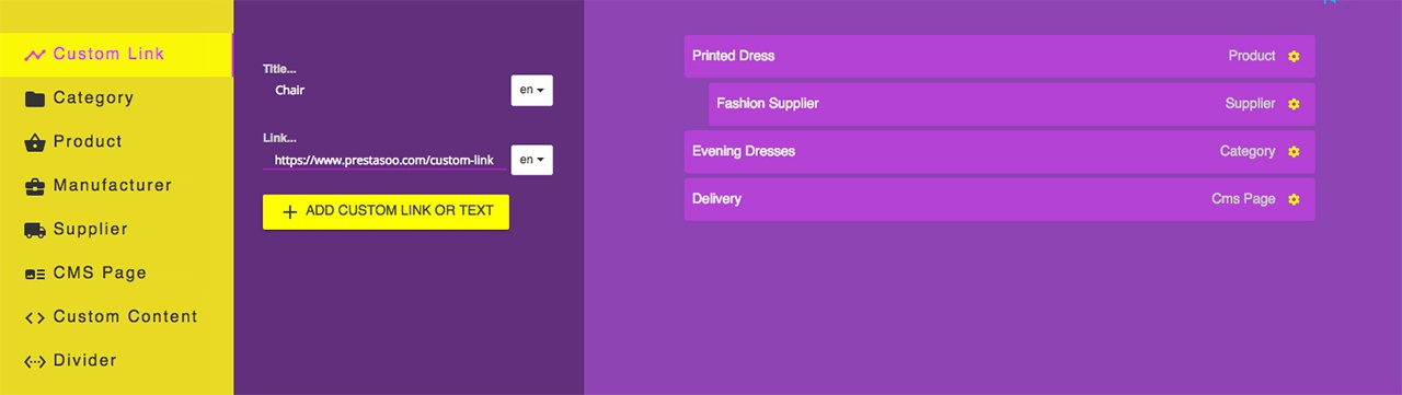 Custom link - Drag and Drop Prestashop Menu